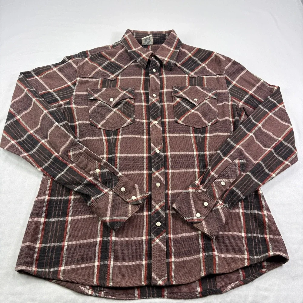 True Religion Flannel Shirt Mens 3XL Brown Plaid Western Pearl Snap Up Pockets
